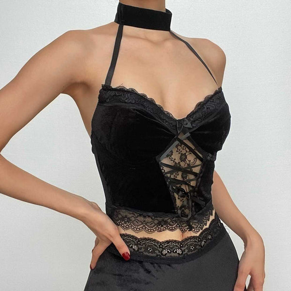 Haut court boutonné en velours à lacets et dos nu 