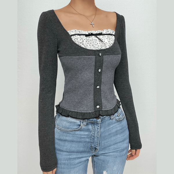 Haut à volants et à pois, boutonné et contrasté, manches longues 