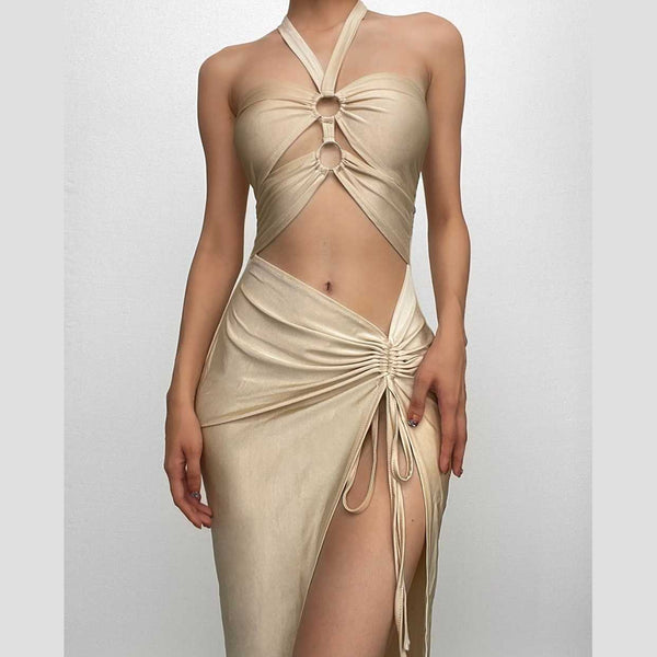 Robe midi à col licou, cordon de serrage, fente unie, ajourée, anneau en O, à nouer soi-même