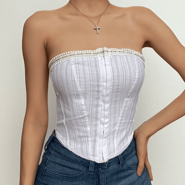 Haut bustier tube en dentelle texturée à boutons et ourlet cousu 