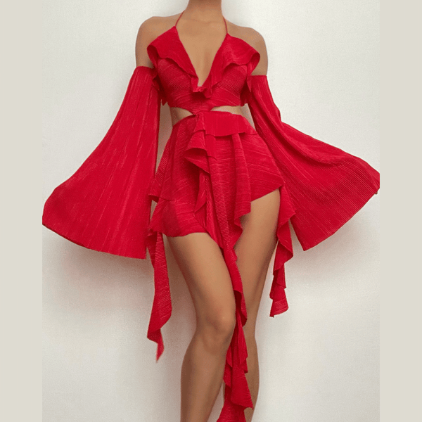 Robe mini dos nu à volants et gants texturés | Robe de tango rouge