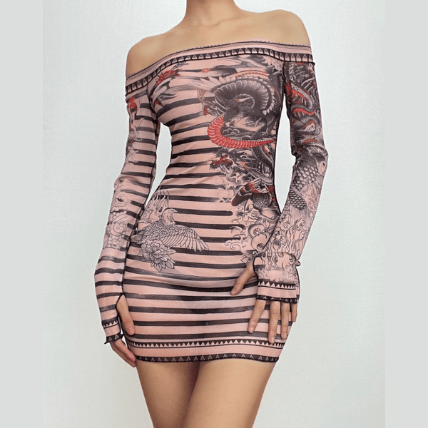 Stitch sheer mesh see through abstract off shoulder mini dress  | samba dress