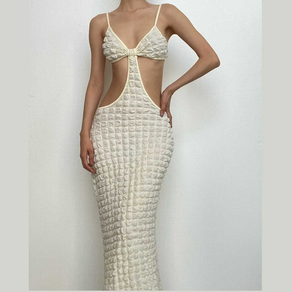 Robe midi unie à dos nu et motif gaufré ajouré