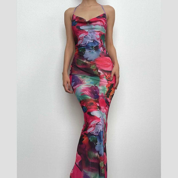 Ruched halter sheer mesh see through backless cowl neck contrast maxi dress  | samba dress