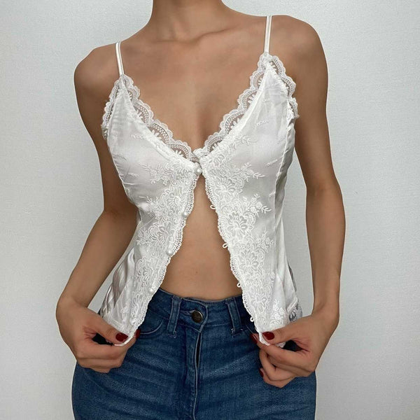 Haut court en dentelle à boutons et col en V dos nu 