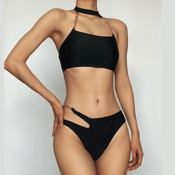 Maillot de bain bikini uni à licou avec chaîne en métal et nœud ajouré