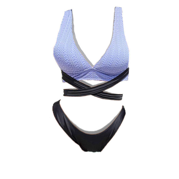 Maillot de bain bikini à col en V contrasté et à nouer sur le devant 
