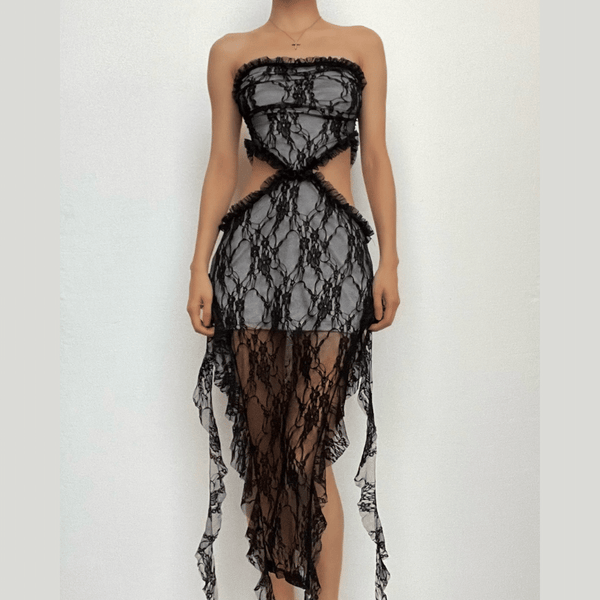 Robe midi tube à volants en dentelle unie fendue et dos nu 