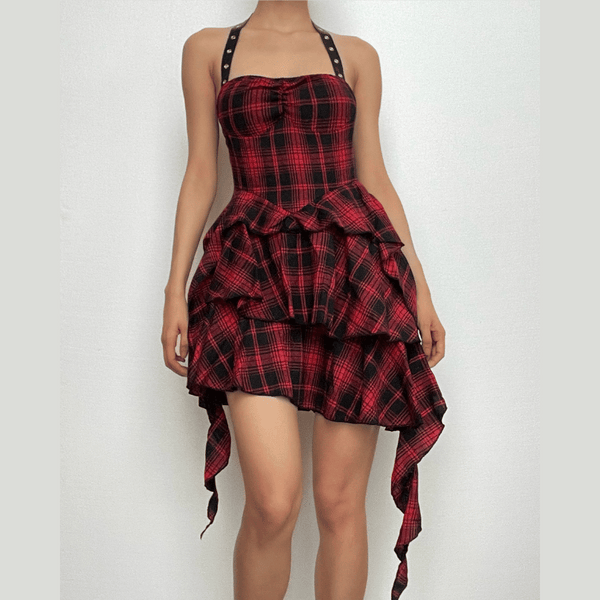 Robe mini dos nu à carreaux irréguliers contrastés et fermeture éclair | robe tango rouge