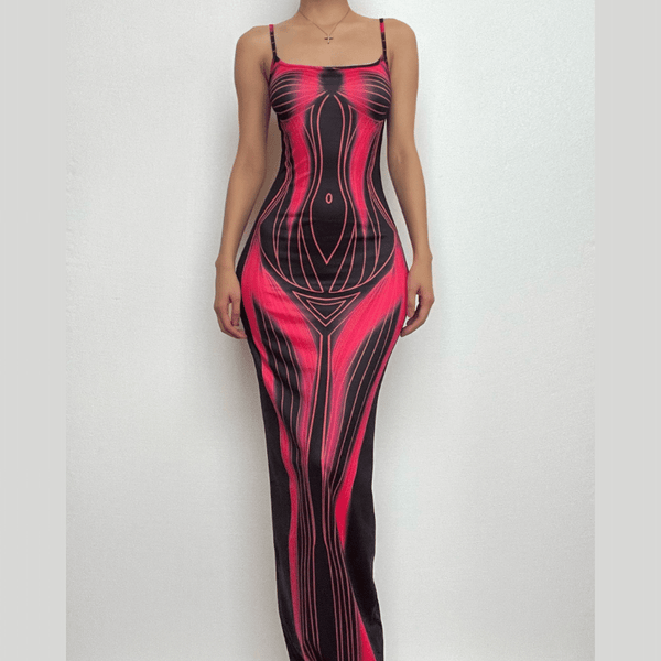 Body print contrast square neck backless cami maxi dress  | red tango dress