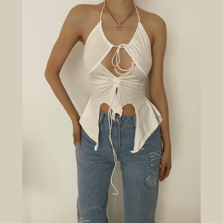 Hollow out ruched halter ruffled tie front top - Halibuy