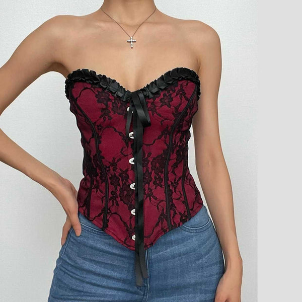 Haut corset contrasté à volants et boutons, dos nu et décolleté en cœur