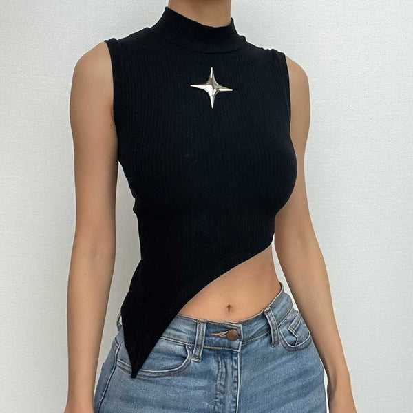 Haut court à col haut sans manches et appliqué étoile irrégulier 
