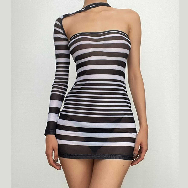 Irregular sheer mesh see through one shoulder striped mini dress  | samba dress