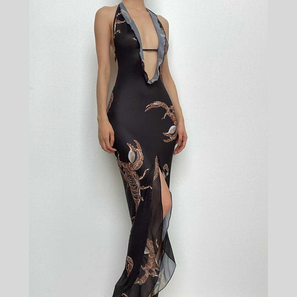 Robe longue à imprimé scorpion contrasté, dos nu, dos nu, fente, volants 