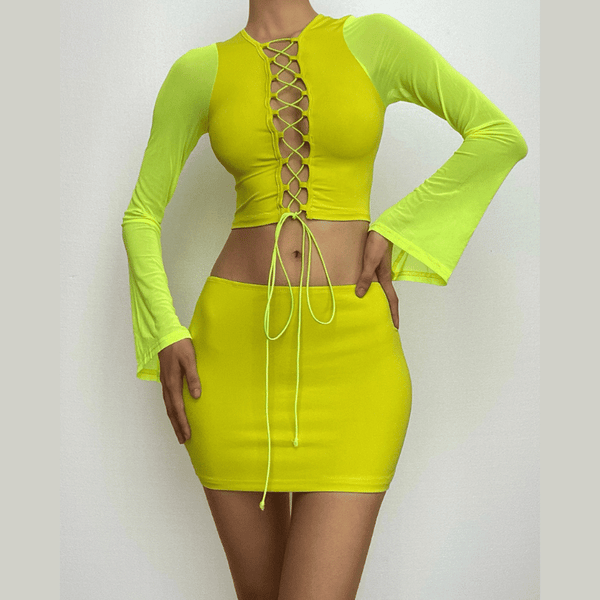 Long sleeve hollow out lace up mesh mini skirt set