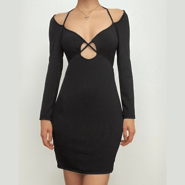 Cross front self tie halter solid long sleeve notch neck mini dress  | black rave dress  | black rave dress