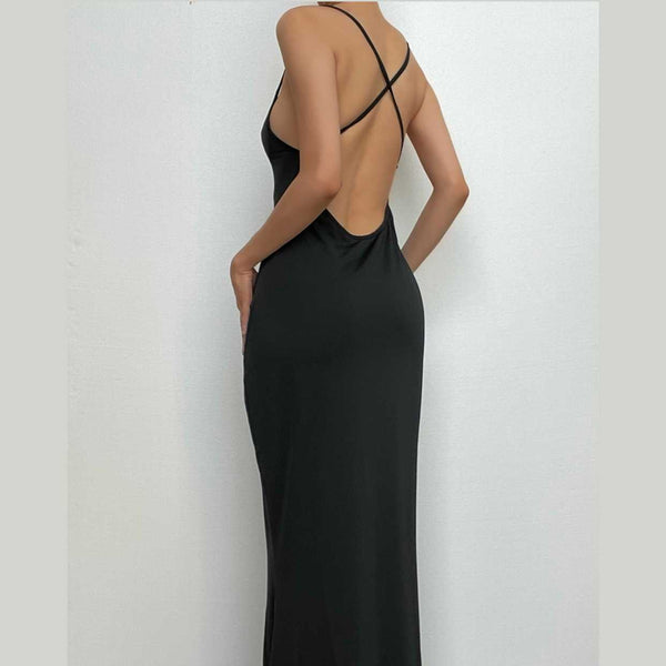 Cross back solid low cut backless cami midi dress  | black rave dress  | black rave dress