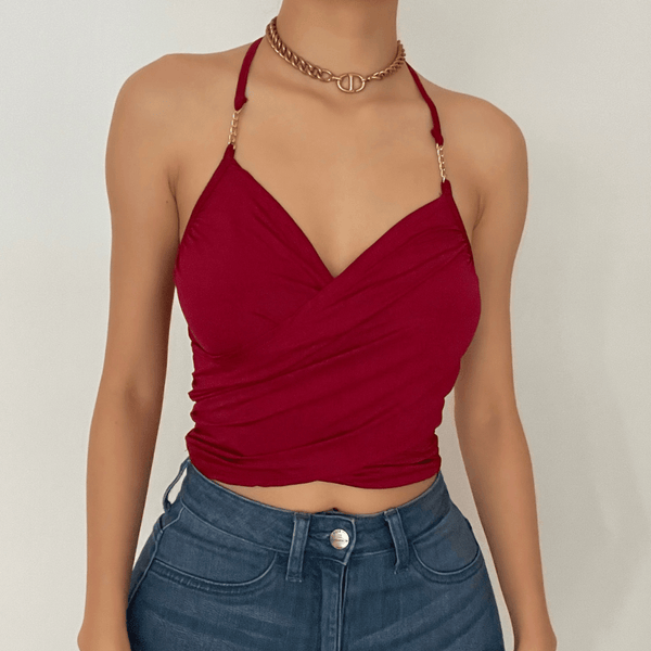 V neck cross front solid crop top - Halibuy