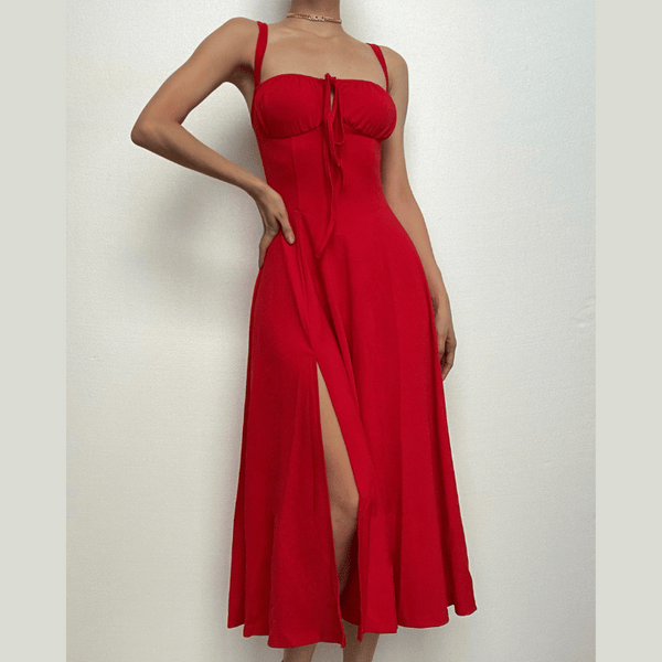 Robe midi froncée unie à col en cœur et fente sans manches | robe tango rouge