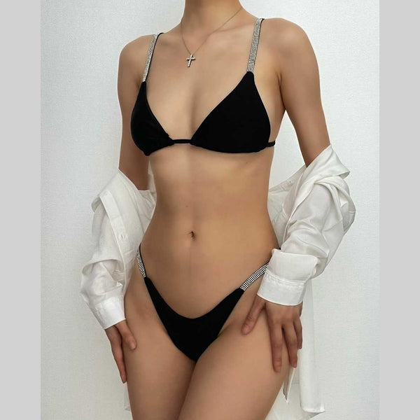 Maillot de bain bikini uni dos nu à perles et à nouer soi-même 