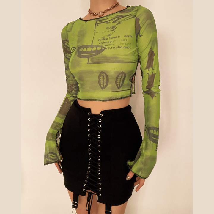 Print mesh see-through ruffled flared sleeve top - Halibuy