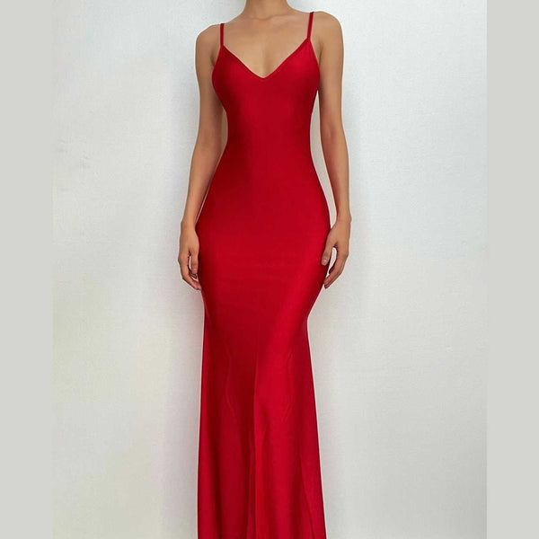 Robe longue à décolleté en V et dos nu froncé | Robe de tango rouge