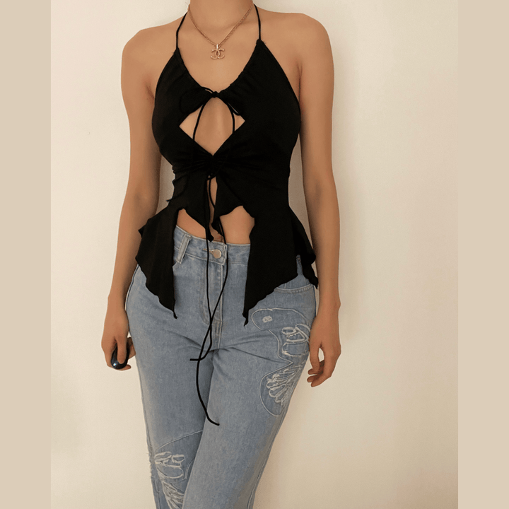 Hollow out ruched halter ruffled tie front top - Halibuy