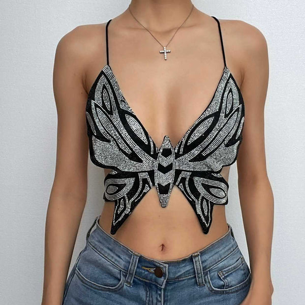 Haut court à lacets et col en V contrasté avec papillons croisés dans le dos
