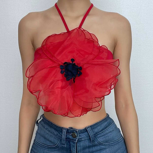 Haut court dos nu à motif floral brodé contrasté et à nouer soi-même 