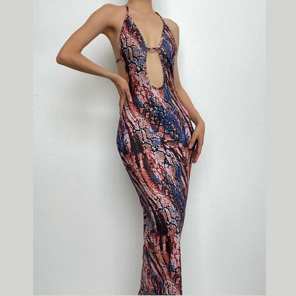 Backless hollow out halter self tie contrast print maxi dress