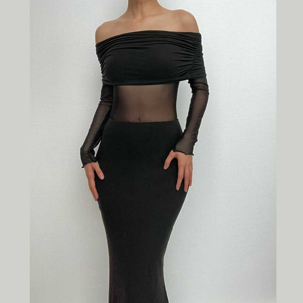 Robe longue froncée unie à manches longues et épaules dénudées