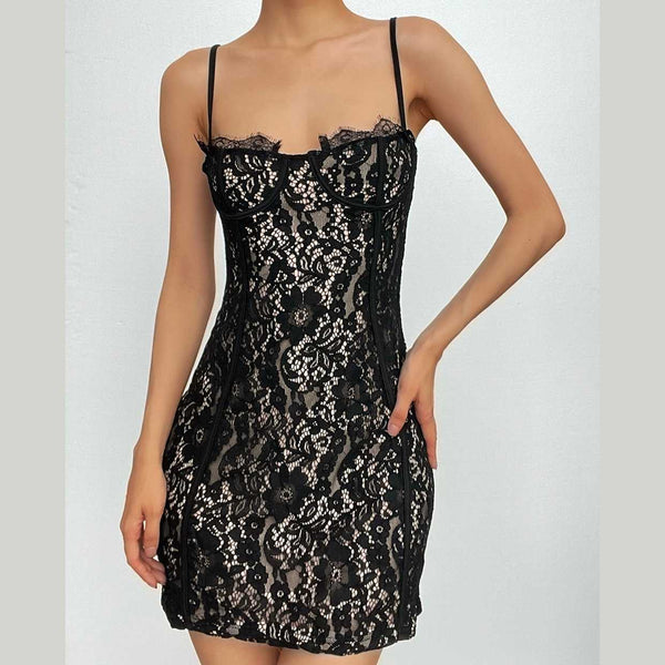 Mini-robe camisole dos nu avec fermeture éclair contrastée en dentelle