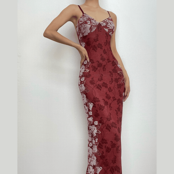 Robe midi à imprimé fleuri, col en V, dos nu, en maille contrastante | robe tango rouge 