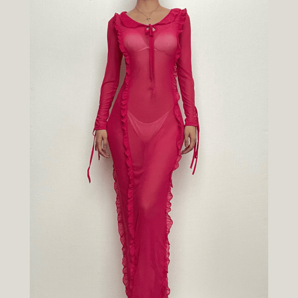Ruffle turtle neck sheer mesh see through long sleeve maxi dress  | red tango dress  | samba dress