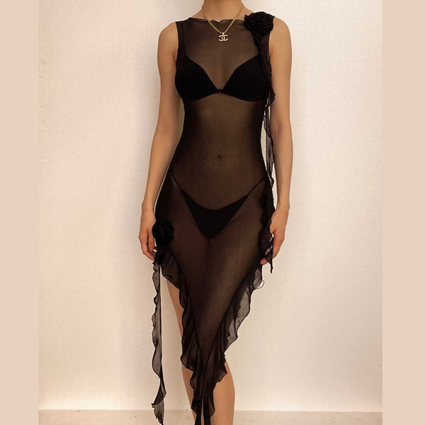 Robe midi sans manches en maille transparente à volants avec ruban appliqué de fleurs | robe de tango rouge | robe de samba 