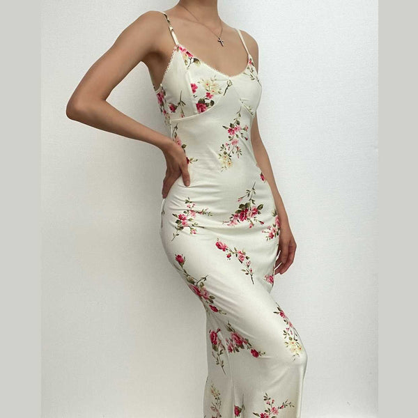 Robe longue à imprimé fleuri et col en U contrasté
