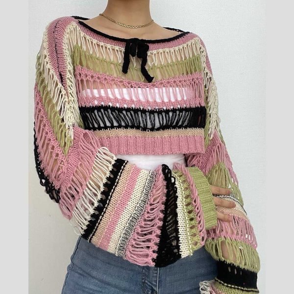 Haut tricoté à manches longues et crochet multicolore 