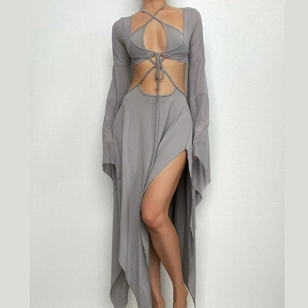 Robe midi à manches évasées irrégulières, col licou, en maille unie à nouer soi-même
