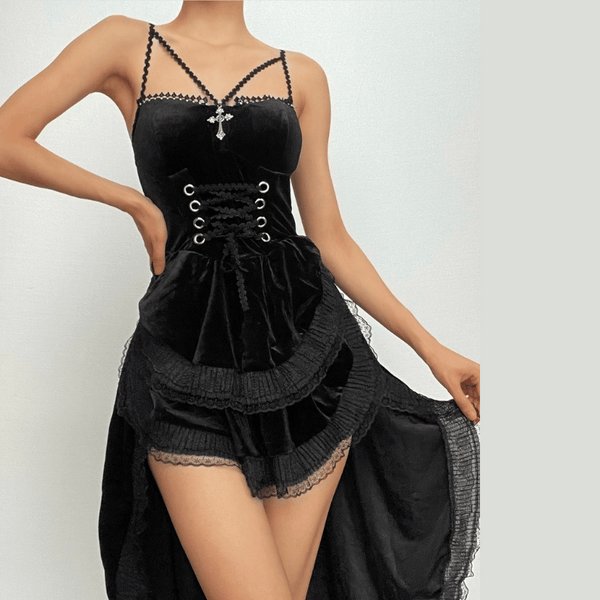 Robe midi irrégulière à ourlet en dentelle de velours, dos nu froncé et à lacets | robe de tango rouge