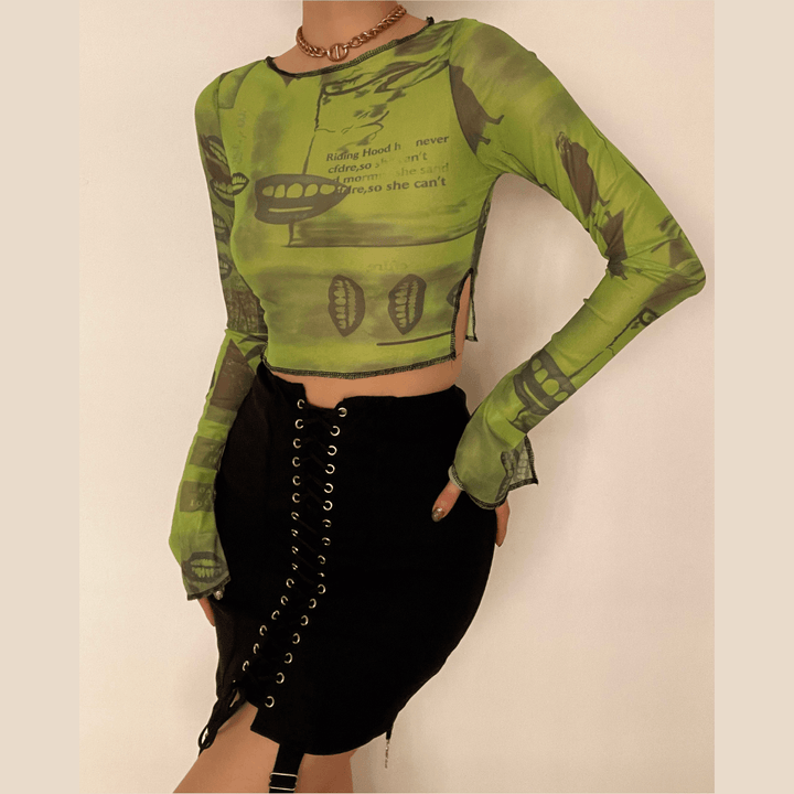 Print mesh see-through ruffled flared sleeve top - Halibuy