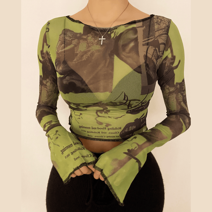 Print mesh see-through ruffled flared sleeve top - Halibuy