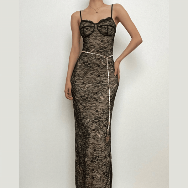 Robe longue camisole fendue dos nu avec fermeture éclair contrastée en dentelle