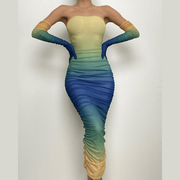 Robe longue tube froncée en maille transparente avec des gants dégradés | robe de tango rouge | robe de samba 