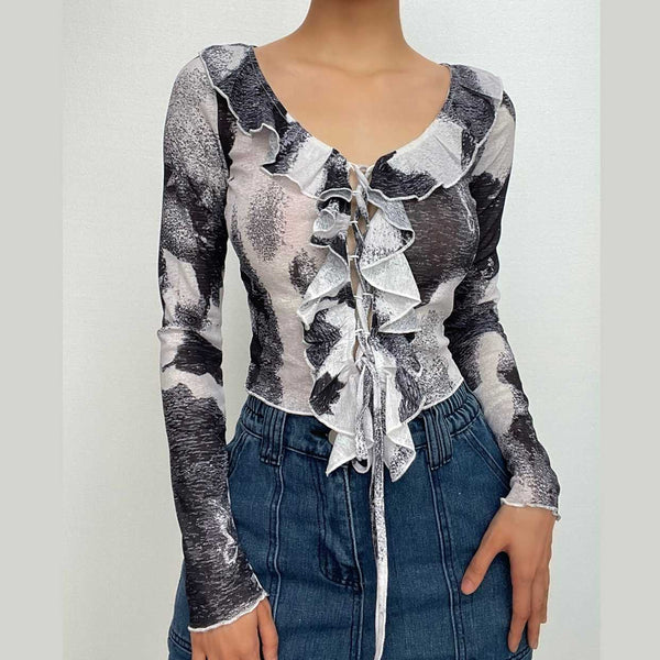 Haut à volants, manches longues, lacets, col en V, tie dye 