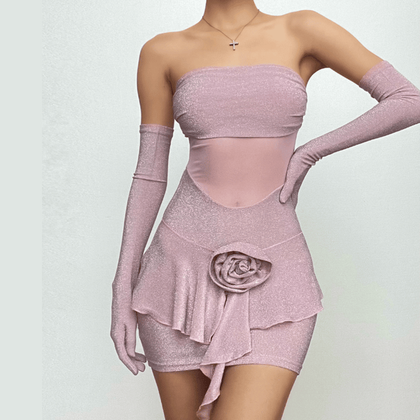 Robe mini tube froncée en patchwork de maille avec appliques de fleurs et gants 