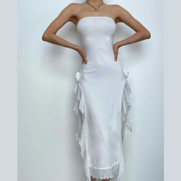 Robe longue tube fendue avec ruban et appliques florales | Robe de tango rouge
