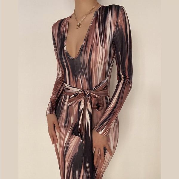 Long sleeve deep v neck knotted print maxi dress - Halibuy