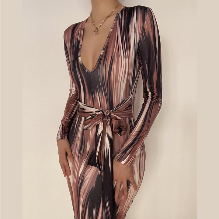 Long sleeve deep v neck knotted print maxi dress - Halibuy