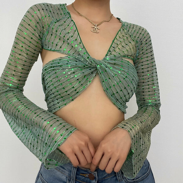 Haut court à manches longues en maille transparente et paillettes, noué à nouer soi-même 